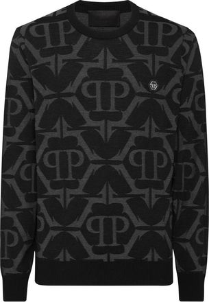 Philipp Plein Pullover Ronde Hals Chrome - Heren - Ronde hals truien - Zwart - 4XL - Wol - Truien & Vesten