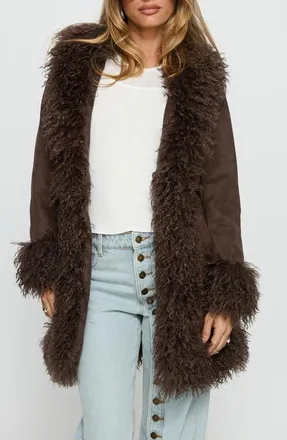 Princess Polly Josefina Faux Shearling Coat in Chocolate at Nordstrom, Size 2