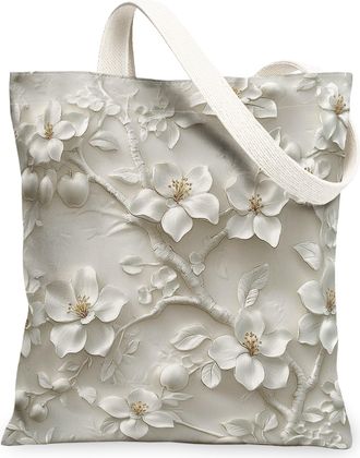 Generic Spring Apples Blossoms Flower Canvas Tote Bag for Shopping 13x15, Relief 3D Style Floral Reusable Grocery Print Bag for Women, Cool Luxury Beach Aesth