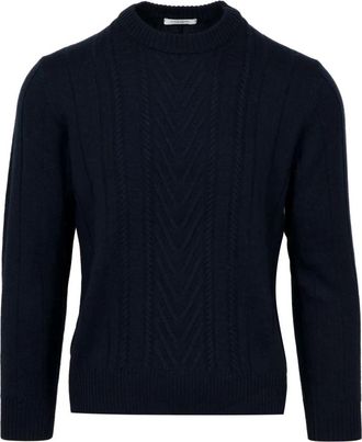 Paolo Pecora Blauwe Merinowollen Trui met Ribpatroon - Heren - Ronde hals truien - Blauw - S - Wol - Truien & Vesten