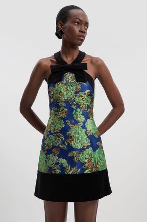 Karen Millen Womens Tall Velvet And Jacquard Contrast Halterneck Tailored Mini Dress - Blue - Size 16 UK