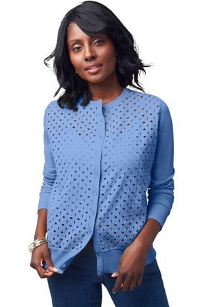 Jessica London Fine Gauge Eyelet Cardigan in French Blue at Nordstrom, Size 20