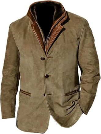 Generic Mens Button Zip Suede Jacket Olive Green with Brown Trim Outwear Casual Lightweight Faux Leather Jacket, Brown, XL
