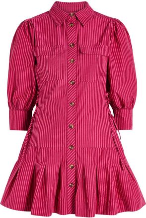 Damson Madder Maisie Striped Cotton Mini Shirt Dress - Red - 16 (UK16 / XL)