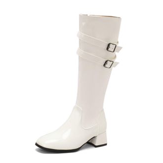 Generic Womens Knee High Boots with Buckle Detail - Patent Leather, Square Toe & Block Heel for Wedding, Party & Formal Events,White,1.5 UK