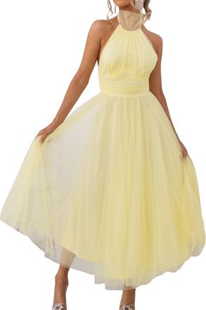 Generic Felcia Womens Bodycon Maxi Dress Halter Neck Backless High Waist A Line Dress Elegant Evening Cocktail Party Wedding Tulle Dress (A-Yellow, XL)