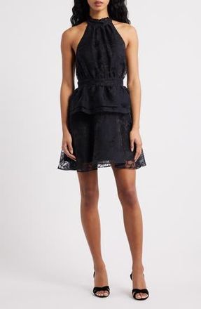 Lulus Dania Floral Jacquard Halter Minidress in Black at Nordstrom Rack, Size X-Small