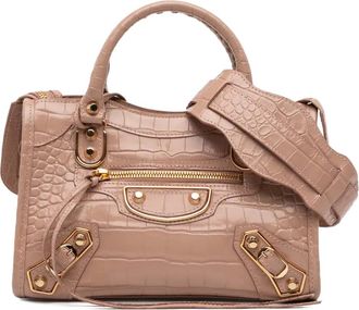 Balenciaga 2021 Mini Croc Embossed Calfskin Motocross Classic Metallic Edge City satchel - Bruin