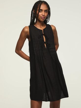 Lucky Brand Womens Pleated Tie Neck Mini Dress