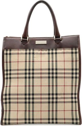 Burberry Beige Brown Bordeaux Brown Red Color Canvas Leather Handbag Tote Bag (Pre-Owned)