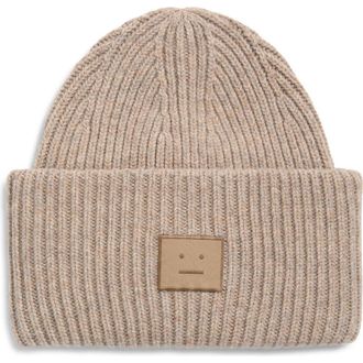 Acne Studios Pansy Face Patch Wool & Yak Hair Blend Beanie in Greige Melange at Nordstrom