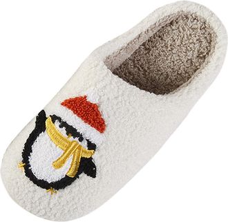 Generic Womens Christmas Slippers Penguin Xmas Themed Print Anti-Slip Indoor Funny House Shoes Closed Toe Fleece Fuzzy Slipper With Fluffy Lining Thermal Shoe