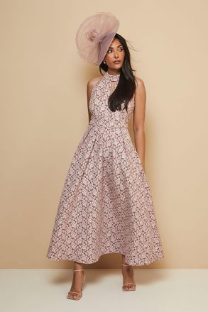 Wallis Womens Petite Floral Jacquard Halterneck Midaxi Dress - Rose - Size 16 UK