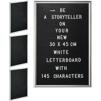 Relaxdays Set of 4 Relaxdays Framed Letter Boards, Includes Letters, Numbers & Special Characters, XL Message Board, 30x4cm Silver