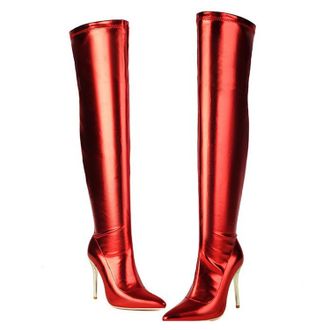 Generic Red,9.5 UK,Womens Thigh High Boots Over The Knee Stiletto Heels Long Pointed Toe Boots Patent Leather PU Side Zipper Party Dating Dress Shoes