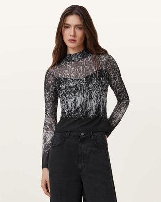 AllSaints Polyester Elia Mesh Long Sleeve Top, Size: UK 16/US 12