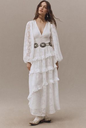 BHLDN Long-Sleeve V-Neck Jacquard Maxi Dress