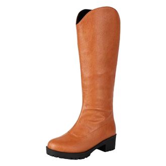 Generic Womens Chic Knee High Riding Boots Round Toe Medium Chunky Heel Platform With Functional Side Zipper Equestrian Style