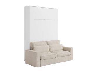 Vente-Unique Cama abatible 140 x 200 cm - Apertura vertical manual - Con LEDs - Blanco + Sofá - RAPILI