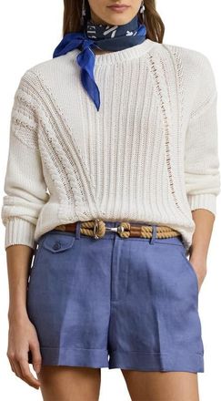 Lauren Ralph Lauren Pointelle & Cable Detail Cotton Sweater in White at Nordstrom, Size X-Large