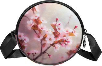 Generic Circle Crossbody Bag for Women, Cherry Blossoms Small Sling Bag Daypack with Zipper Adjustable Shoulder Straps Casual Ladies Girls Round Purse