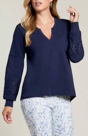 Tribal Split Neck Top With Embroidery In Blue