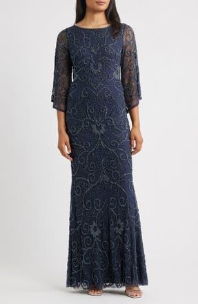 Pisarro Nights Beaded Three Quarter Sleeve Gown in Slate at Nordstrom Rack, Size 2