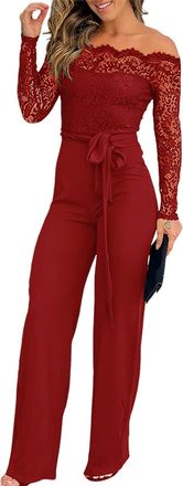 Generic Womens Dressy Jumpsuits Casual One Piece Outfits Off Shoulder Lace Trim Overalls Straight Leg Pants (Wine Red,S)