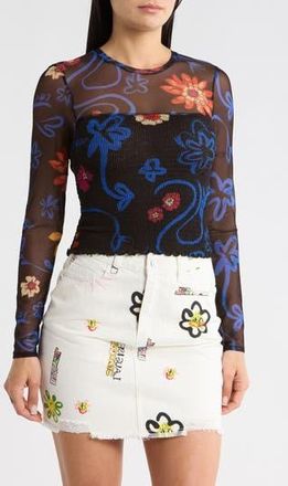 Desigual Floral Long Sleeve Knit T-Shirt in Black at Nordstrom Rack, Size X-Large