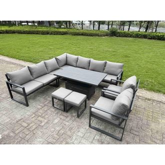 Fimous Aluminum 10 Piece 11-Seater L-Shaped Set with Lifting Table & 2 Stools in Dark Grey