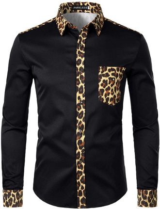 PARKLEES Mens Hipster Leopard Design Slim Fit Long Sleeve Button Up Dress Shirts Black XXL
