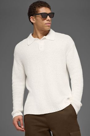 Alo | Textured Knit Long Sleeve Polo Top in Ivory White, Size: Medium