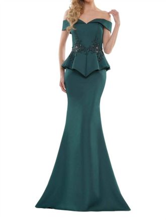 Colors Dress Peplum Off The Shoulder Gown In Deep Green