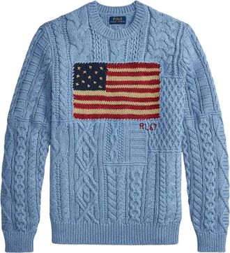 Ralph Lauren Truien & Vesten, Heren, Blauw, L, Katoen, Aran-Gebreide Vlag Trui