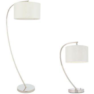 Loops Standing Floor & Table Lamp Set Bright Nickel & White Shade Curved Stem Light in Metallics
