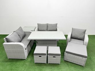 Fimous High Back Poly Rattan Garden Furniture Set w/ Reclining Chair Loveseat Sofa Adjustable Lifting Dining or Coffee Table Indoor Outdoor Patio Set