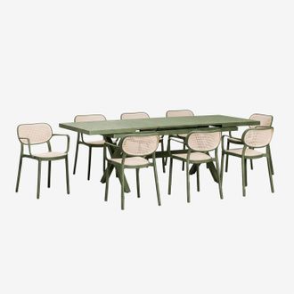 Sklum Set De Mesa Rectangular 180-240x90 Cm Extensible En Aluminio Karena Y 8 Sillas De Jard&iacute;n Apilables Con Reposabrazos Omara Sklum