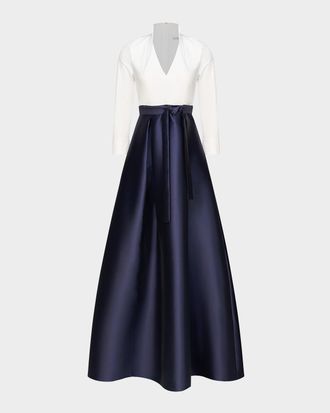 Kay Unger Phoebe 3/4-Sleeve Collared Poplin A-Line Gown
