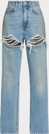 Area Crystal Frayed Slit Barrel-Leg Jeans