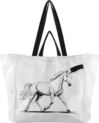 Generic Running Horse White print Reusable Canvas Tote Bag, Heavy Duty Grocery Shopping Bag with Double Handles Hard Bottom Large Capacity Work Groceries Trav