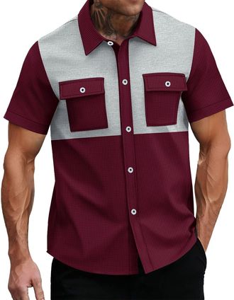 Generic Pocket T Shirts for Men Waffle Shirt Two Pockets Short Sleeve Button Down Colorblock T-Shirt Casual Work Vintage Tops Pullover De Hombre Manga Corta(R