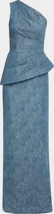 Teri Jon One-Shoulder Metallic Jacquard Peplum Gown