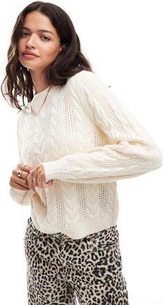 Only round neck cable knit sweater in cream-White