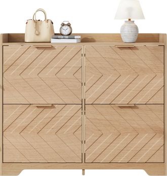 STILVORA Mueble Zapatero Con 4 Compartimentos Abatibles, Encimera Superior, Frente 3d Para Entrada En Mdf, Natural 105 &times; 24 &times; 90 Cm