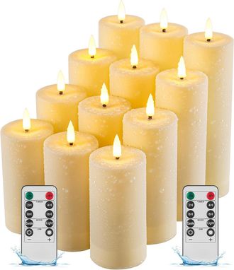 OEM Paquete De 12 Velas Led Impermeables Sin Llama Para Exteriores Con Temporizador, Velas Led Cil&iacute;ndricas Con Efecto De Parpadeo Realista Para Bodas, Fes
