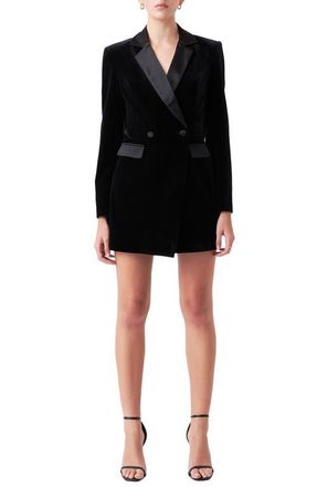endless rose Long Sleeve Velvet Tuxedo Romper in Black at Nordstrom, Size Small