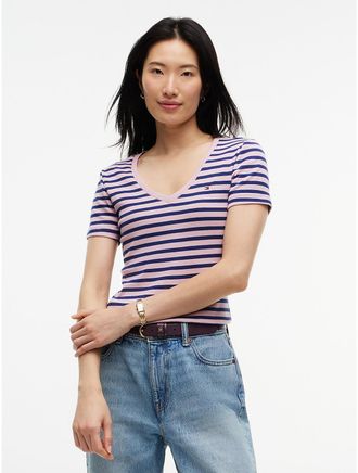 Tommy Hilfiger Womens V-Neck Striped Favorite T-Shirt - Mystic Orchid - XXL