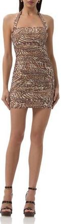 AFRM Bonnie Halter Neck Mesh Minidress in Taupe Animal at Nordstrom Rack, Size Medium