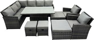 Fimous 12 Seat Poly Rattan Outdoor Patio Height Adjustable Rising Lifting Table Corner Sofa Set with 4 Stool 2 Chairs for Garden Backyard Dark Grey Mixed