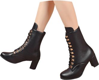 Generic 2026 Fashion Women Solid Autumn Square Heels Lace Up Short Booties Round Toe Shoes (Black, 5.5) (2)